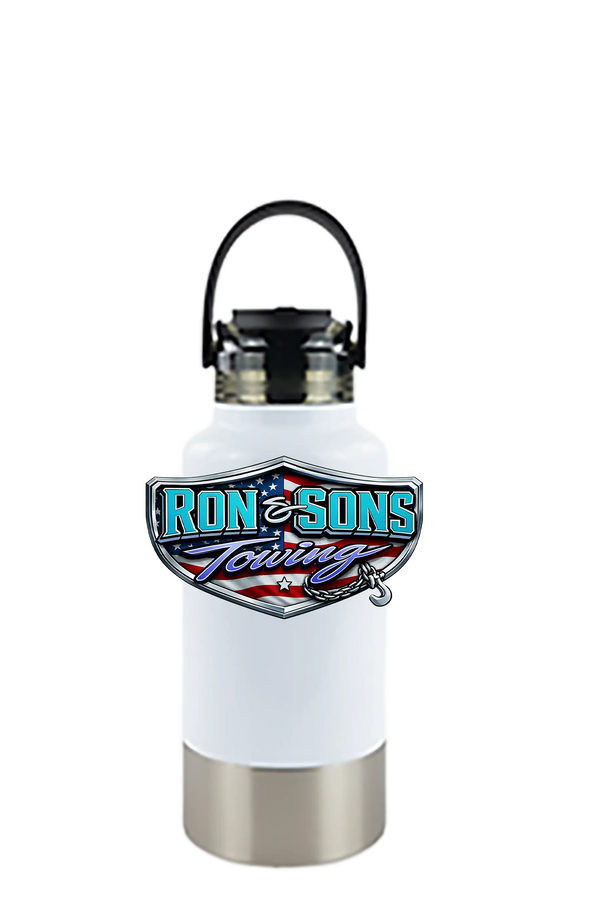 White water bottle with Ron & Sons Towing logo on a white background. Ron and Sons Towing, Paper Street Print Co, Blairstown, NJ.