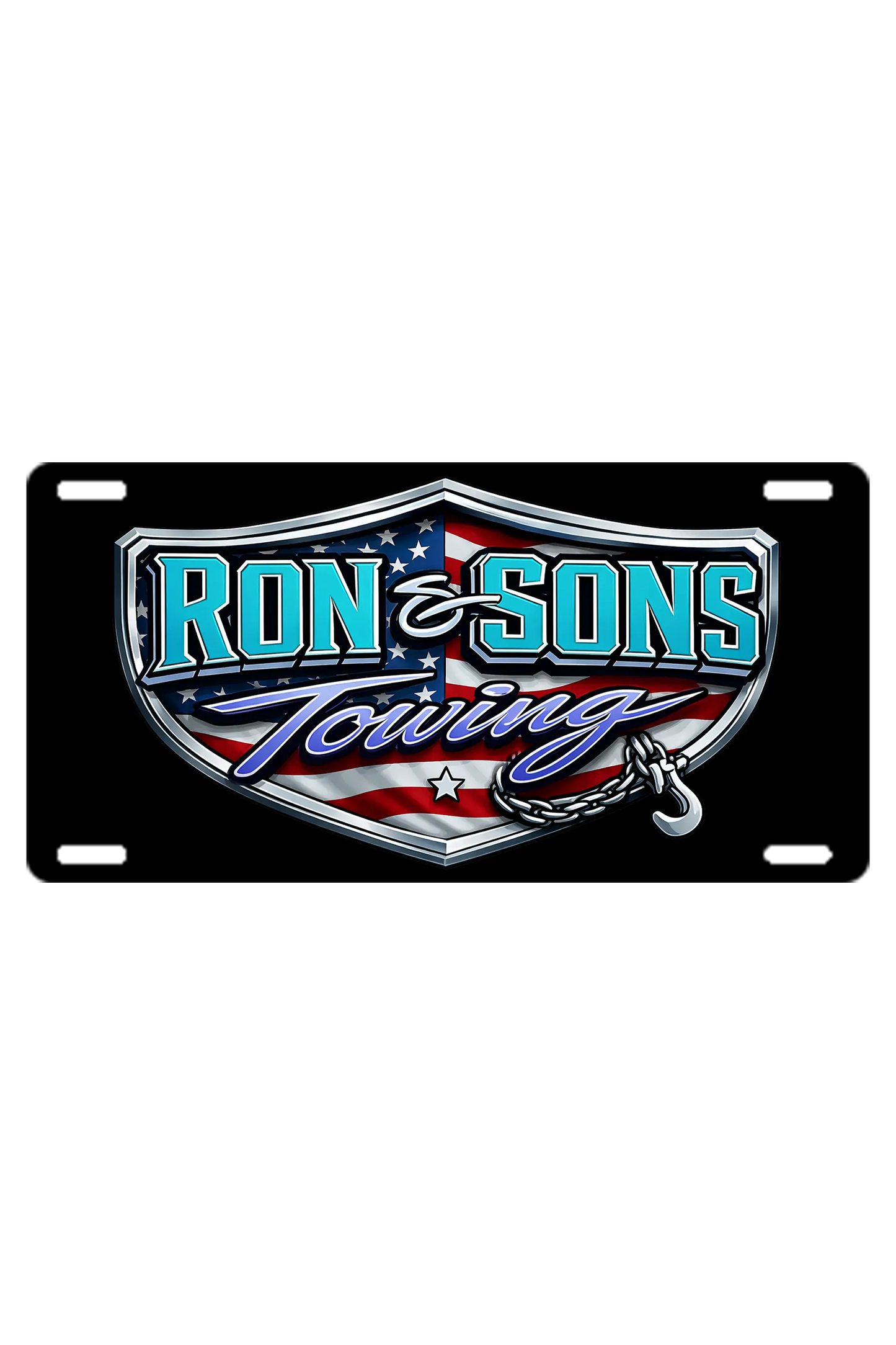 Ron & Sons Towing license plate with American flag design on a white background. Ron and Sons Towing, Paper Street Print Co, Blairstown, NJ.