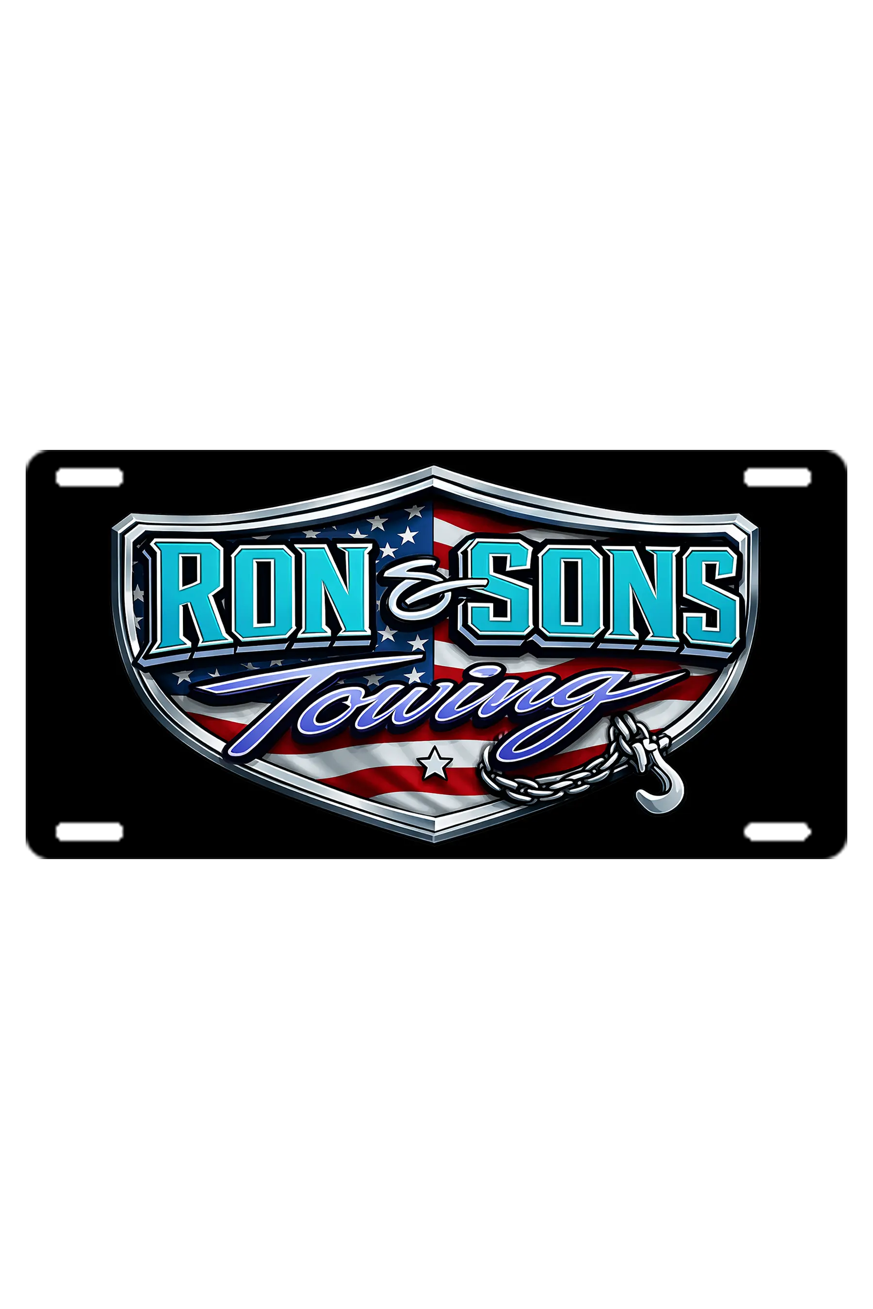 Ron & Sons Towing license plate with American flag design on a white background. Ron and Sons Towing, Paper Street Print Co, Blairstown, NJ.