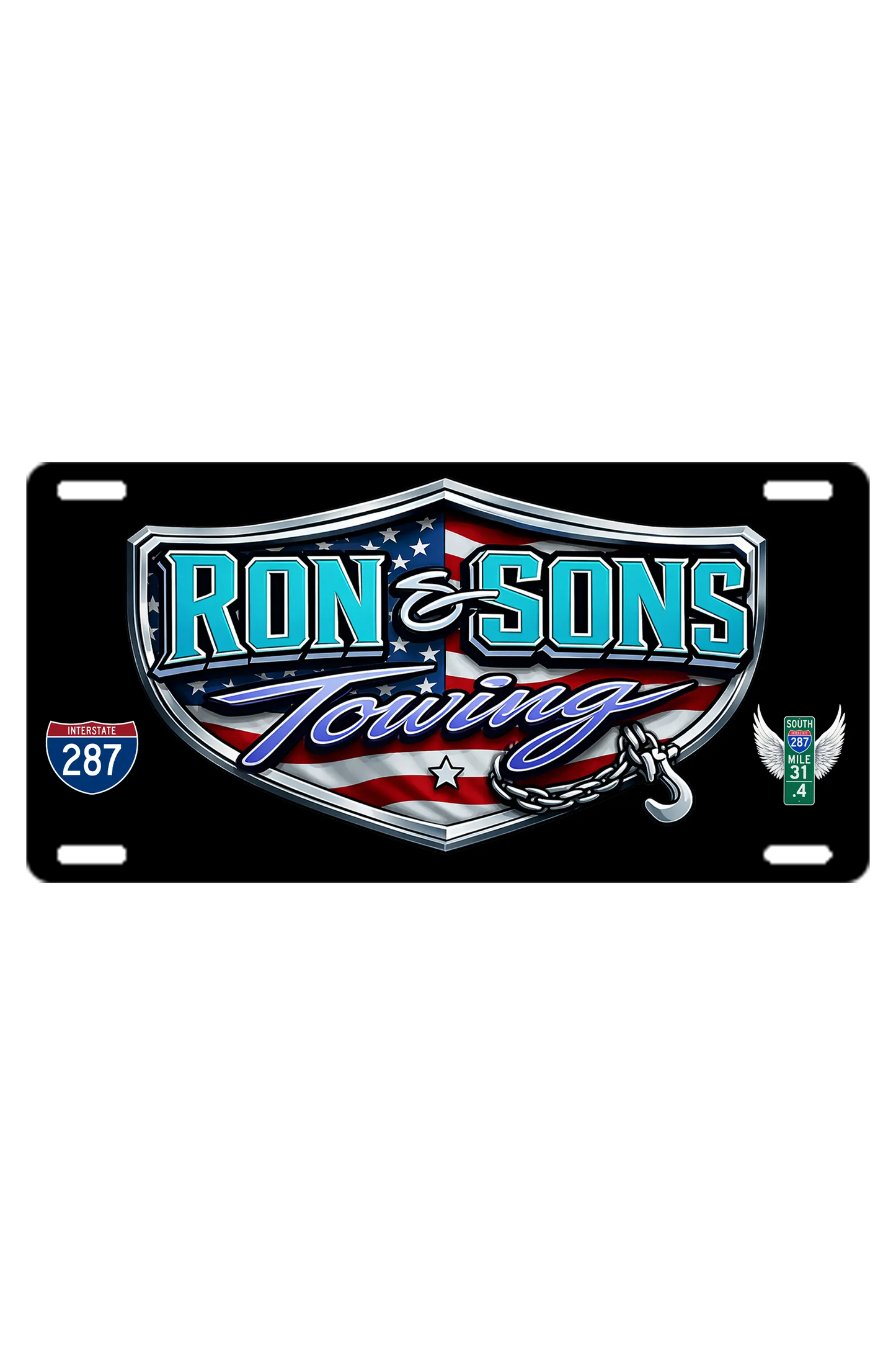Ron & Sons Towing license plate with American flag design on a white background. Ron and Sons Towing, Paper Street Print Co, Blairstown, NJ.