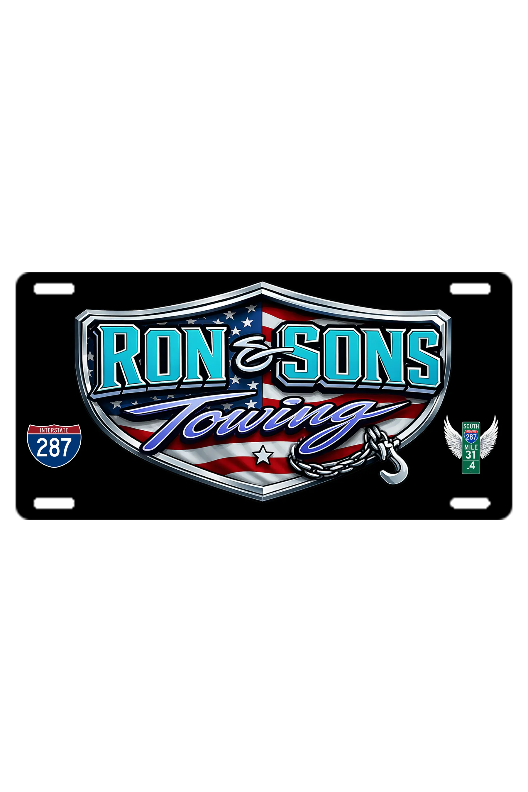 Ron & Sons Towing license plate with American flag design on a white background. Ron and Sons Towing, Paper Street Print Co, Blairstown, NJ.