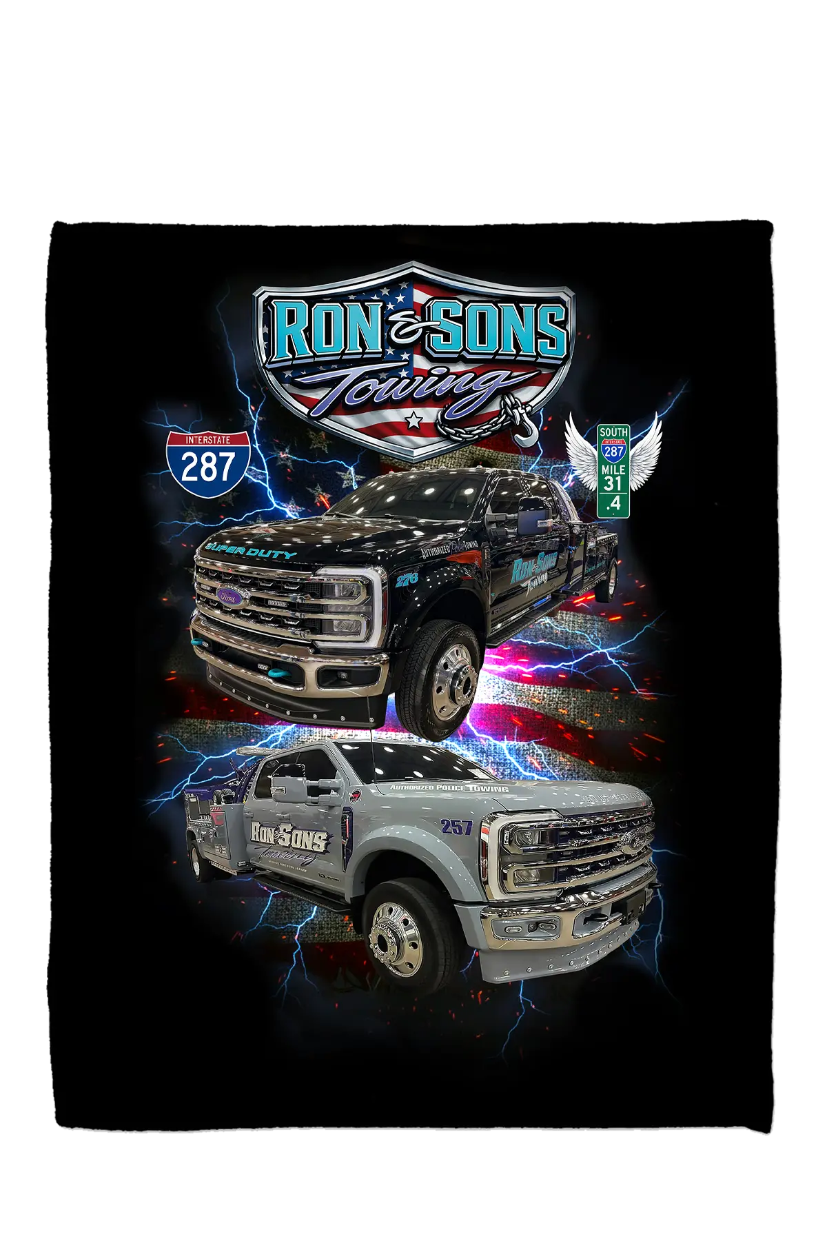 Blanket with 'Ron & Sons' logo and images of trucks on a black background. Paper Street Print Co, Blairstown, NJ.