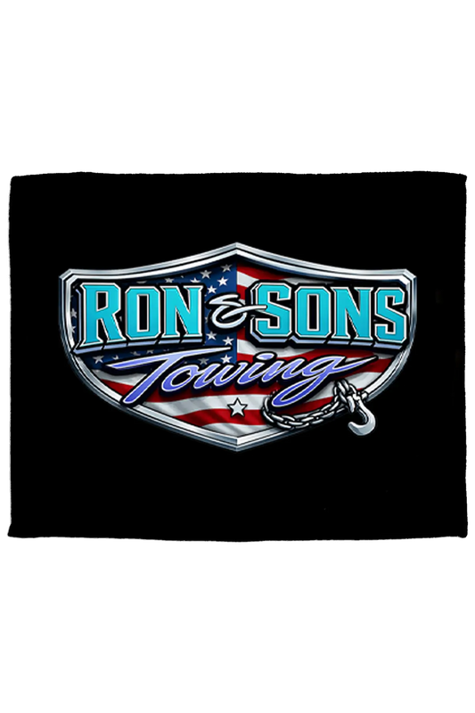Ron & Sons Towing logo on a black background. Paper Street Print Co, Blairstown, NJ.