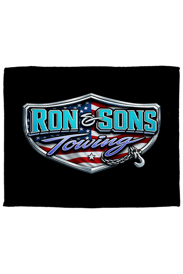 Ron & Sons Towing logo on a black background. Paper Street Print Co, Blairstown, NJ.