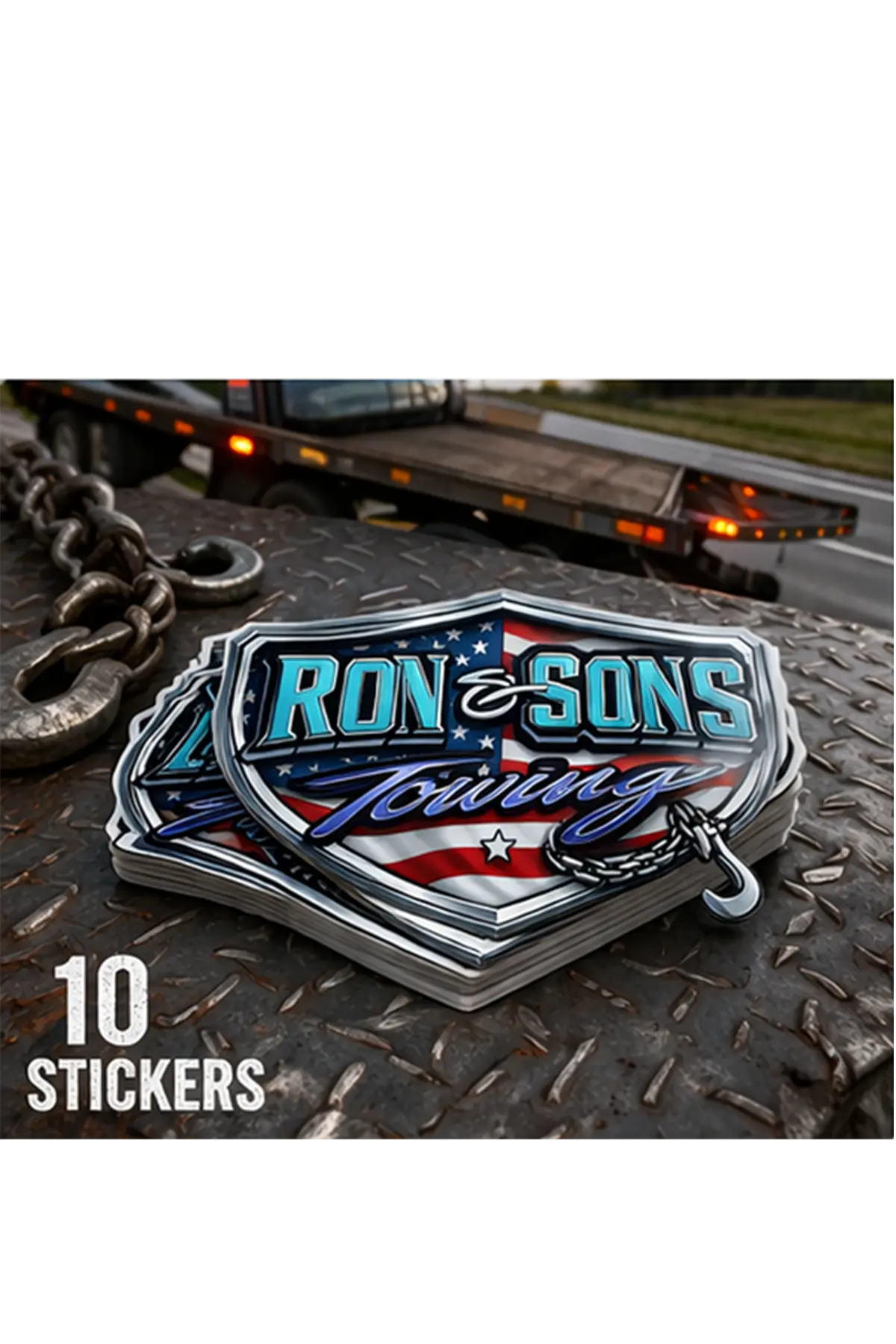 Ron and Sons Towing logo sticker with American flag design on a metal surface with towing truck in background. Paper Street Print Co, Blairstown, NJ.