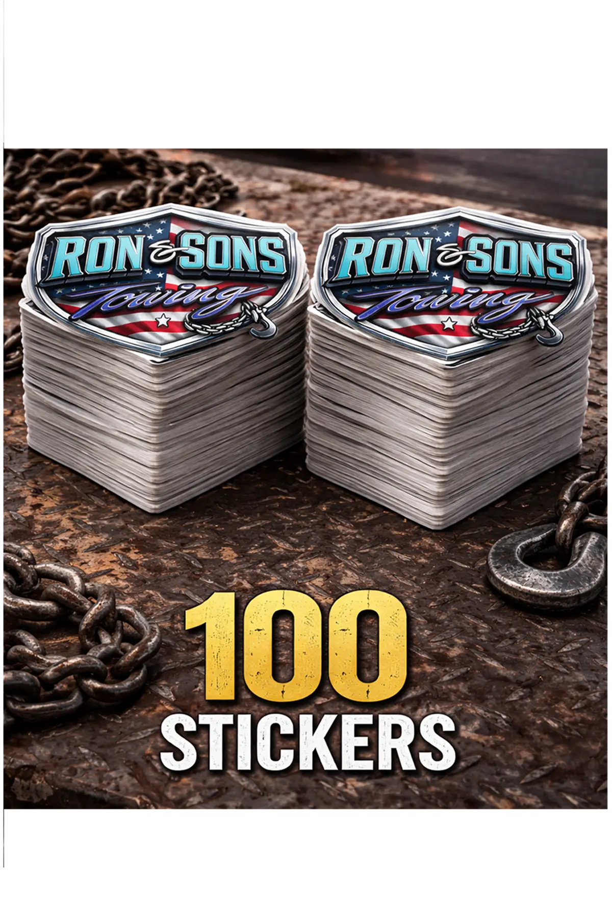 Two stacks of 'Ron and Sons' stickers with a total of 100 stickers on a rustic background. Paper Street Print Co, Blairstown, NJ.