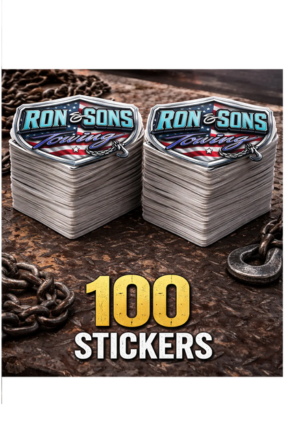 Two stacks of 'Ron and Sons' stickers with a total of 100 stickers on a rustic background. Paper Street Print Co, Blairstown, NJ.