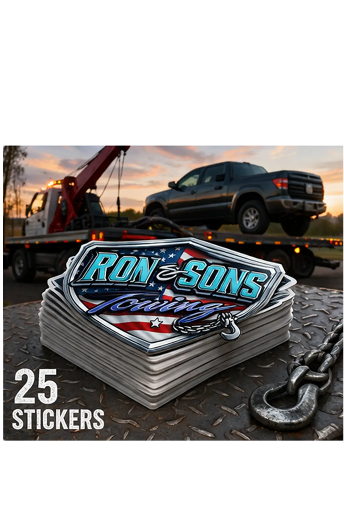 Stack of 'Ron and Sons Towing' stickers with towing truck in the background. Paper Street Print Co, Blairstown, NJ.