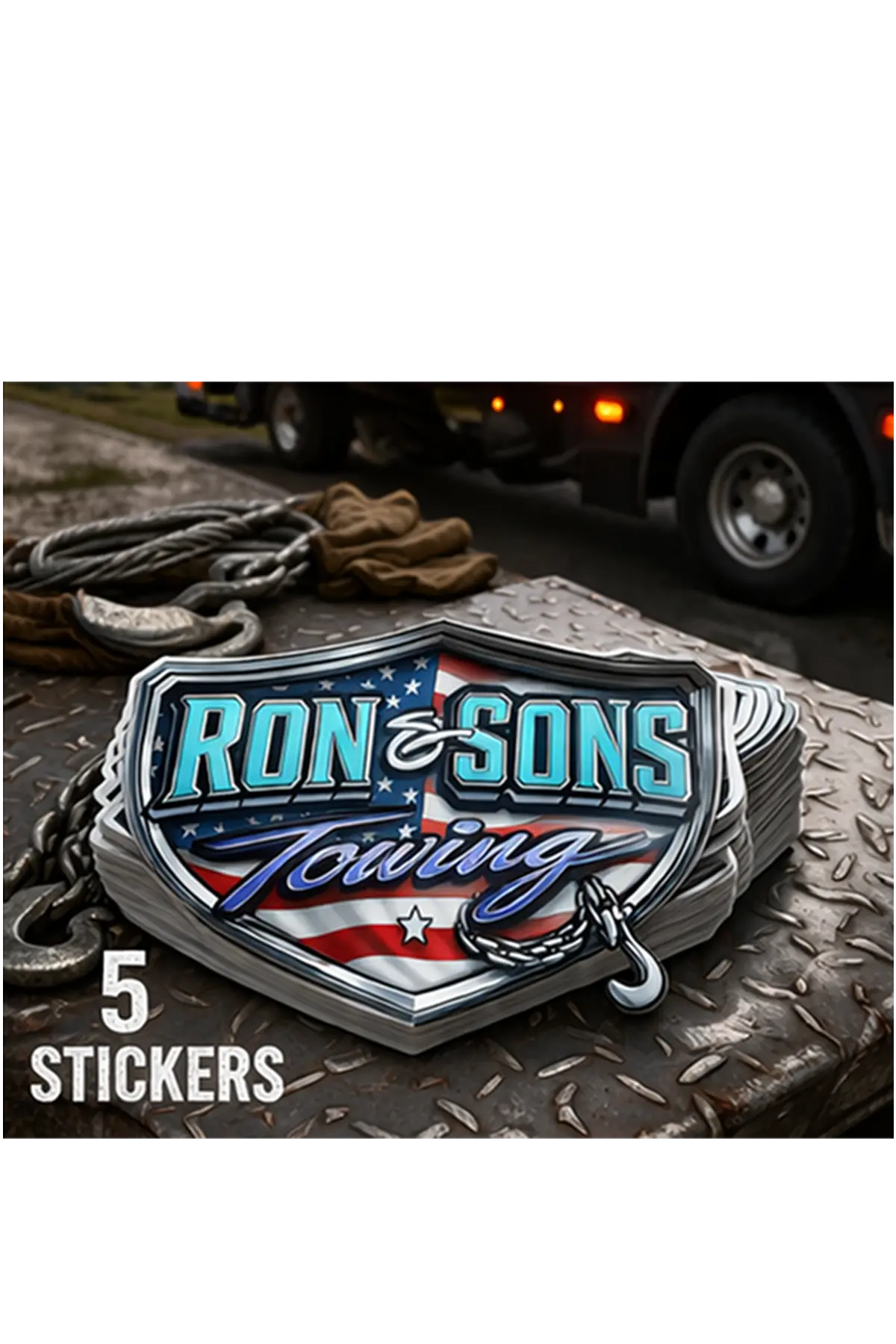 Ron and Sons Towing logo with American flag design on a metal surface. Paper Street Print Co, Blairstown, NJ.