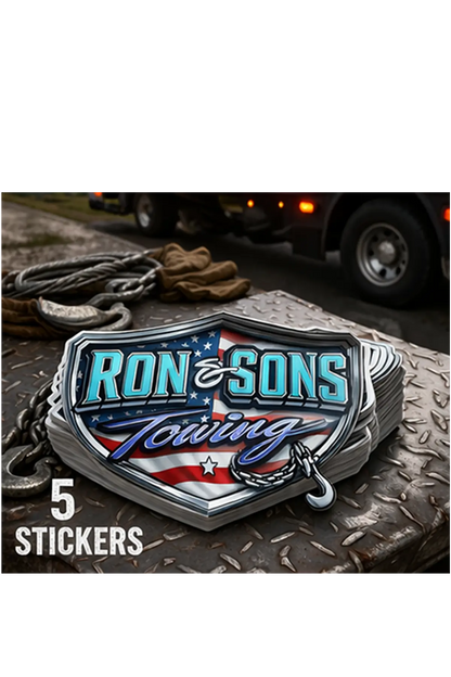 Ron and Sons Towing logo with American flag design on a metal surface. Paper Street Print Co, Blairstown, NJ.