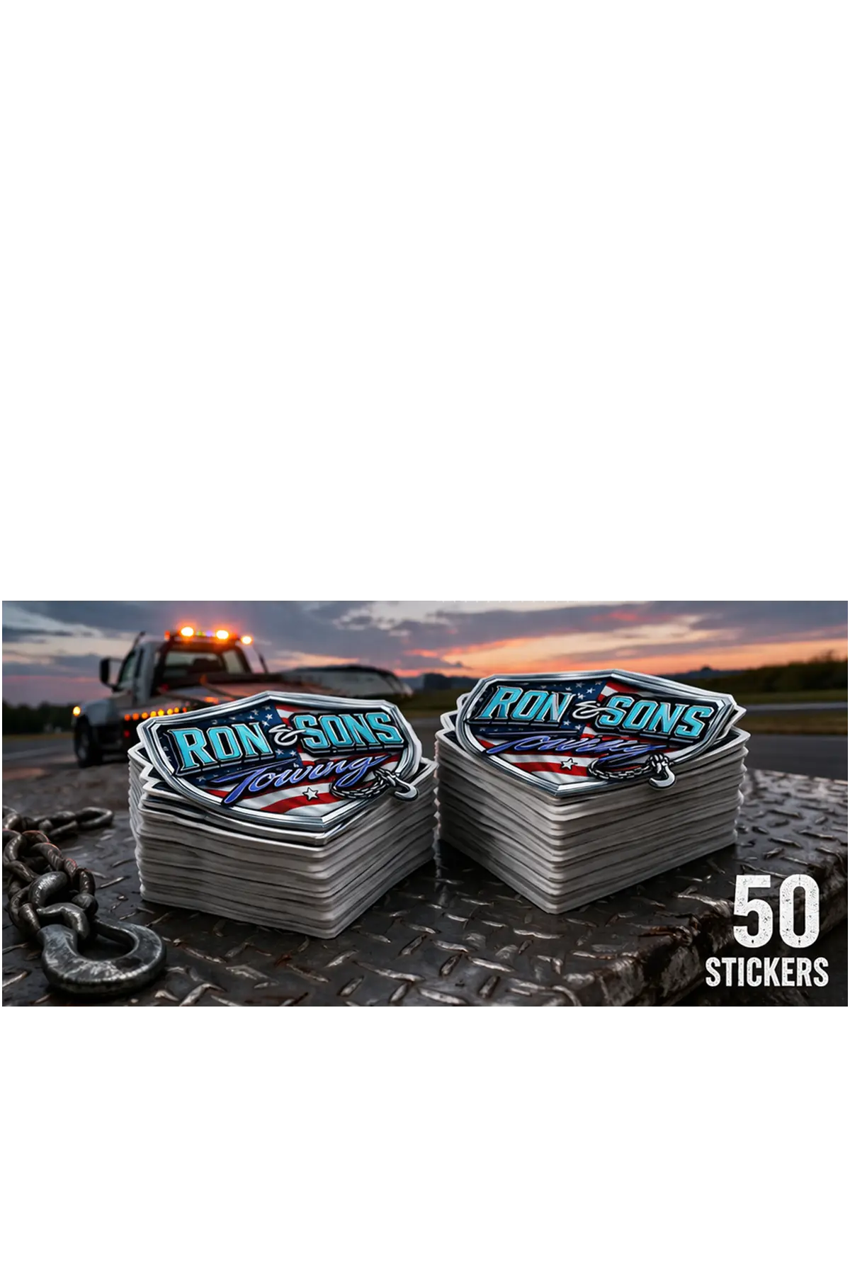 Two stacks of 'Ron and Sons' branded stickers with a truck in the background. Paper Street Print Co, Blairstown, NJ.