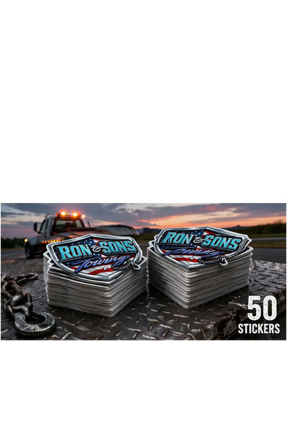 Two stacks of 'Ron and Sons' branded stickers with a truck in the background. Paper Street Print Co, Blairstown, NJ.
