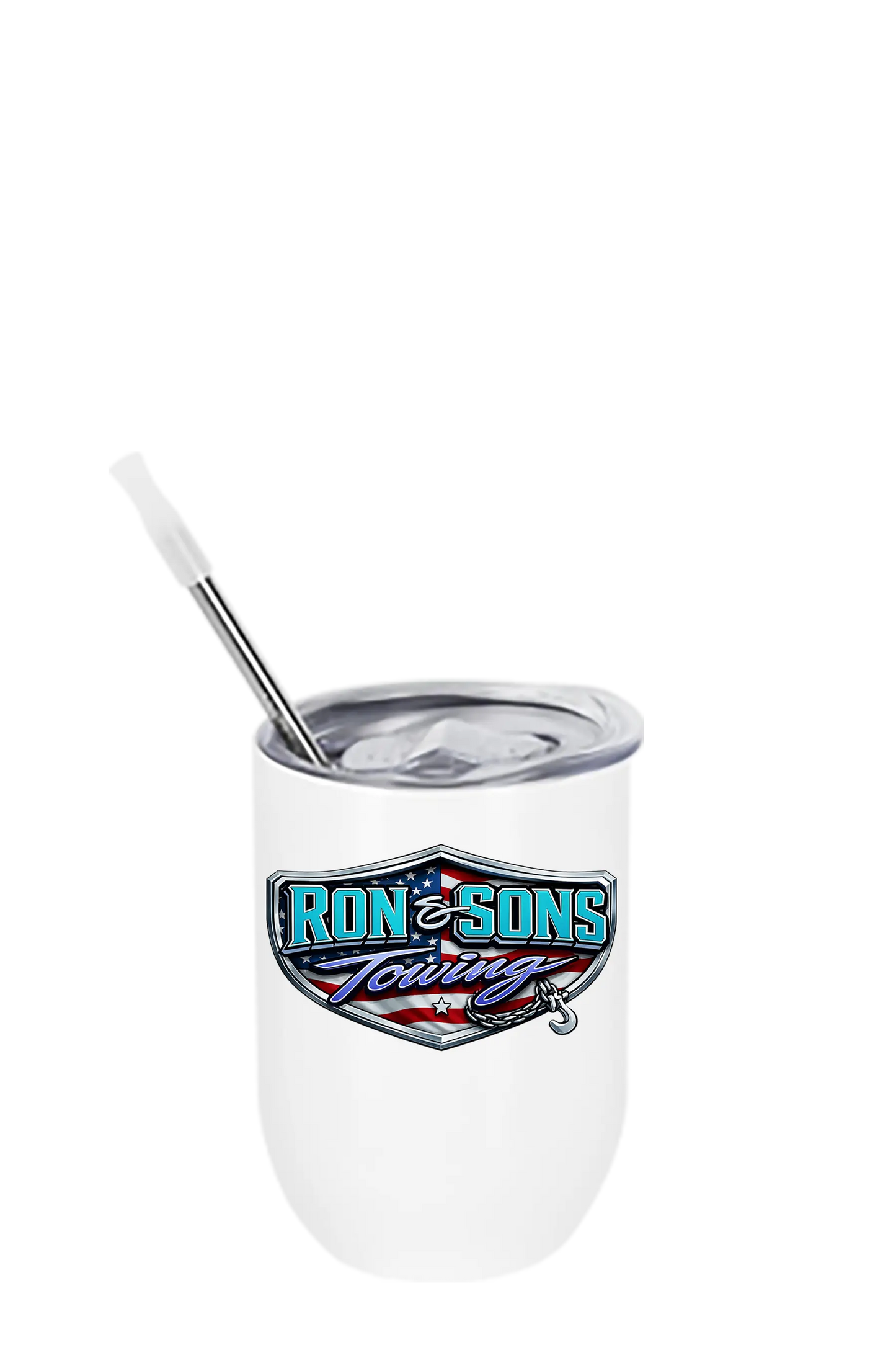 Clear tumbler with straw featuring Iron & Sons Towing logo on a white background. Ron and Sons Towing, Paper Street Print Co, Blairstown, NJ.