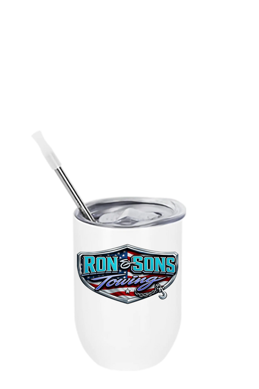 Clear tumbler with straw featuring Iron & Sons Towing logo on a white background. Ron and Sons Towing, Paper Street Print Co, Blairstown, NJ.
