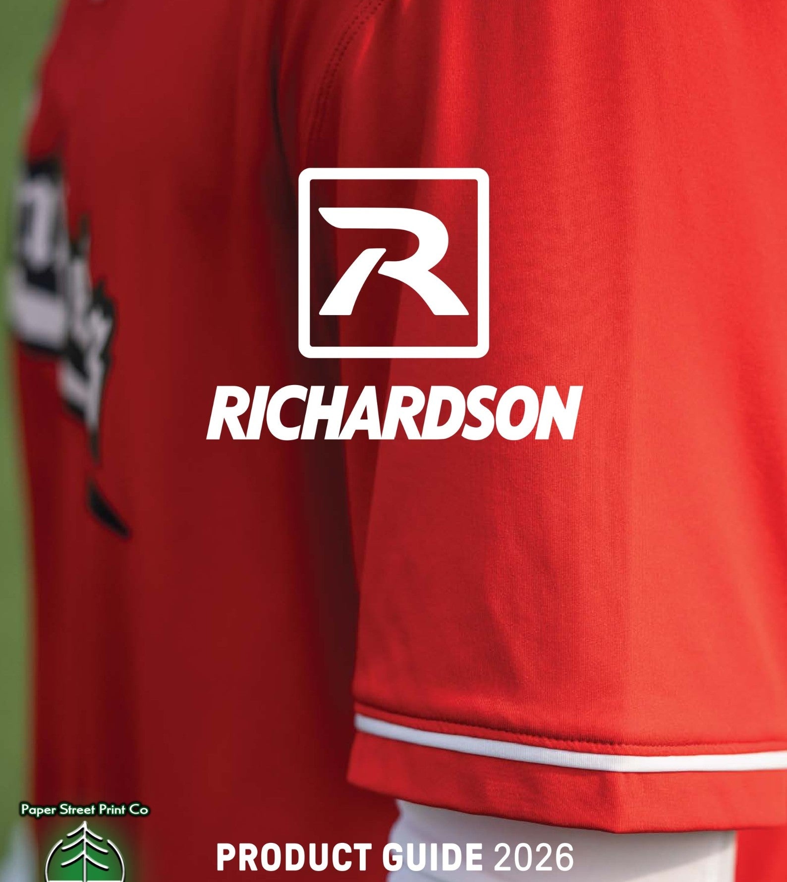Richardson / Paper Street Print Co, Blairstown, NJ. Red shirt with Richardson logo and product guide 2026 text