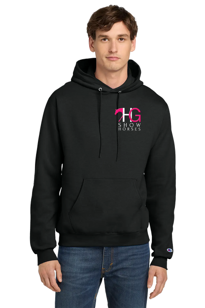 A man wearing a black pullover hoodie with a pink and white 'HG Show Horses' logo on the left chest, paired with blue jeans, photographed against a solid white background. HG Show Horses, Paper Street Print Co, Blairstown, NJ.