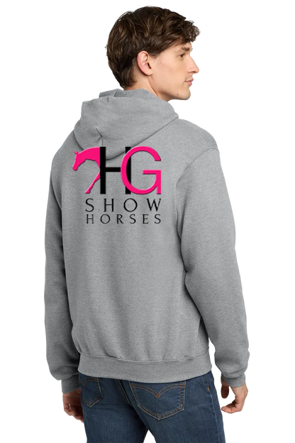 A man wearing a heather gray hoodie from the back, featuring a large graphic print with a pink horse silhouette, black and pink 'HG' letters, and 'SHOW HORSES' text. He is also wearing blue jeans against a plain white background. HG Show Horses, Paper Street Print Co, Blairstown, NJ.