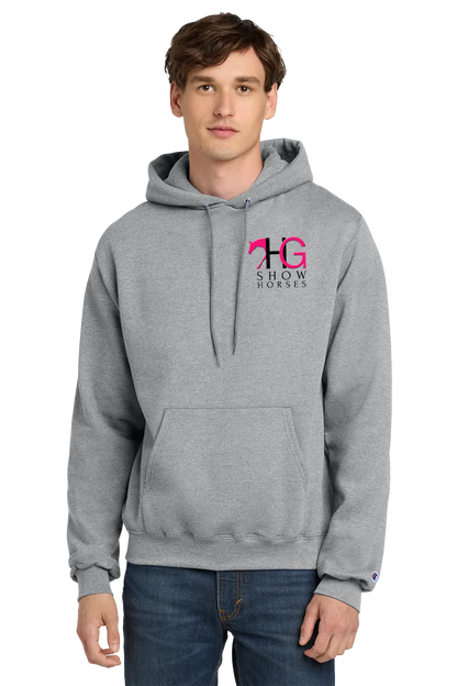 A man wearing a heather gray pullover hoodie with a pink and black 'HG Show Horses' logo on the left chest, paired with blue jeans, against a plain white background. HG Show Horses, Paper Street Print Co, Blairstown, NJ.