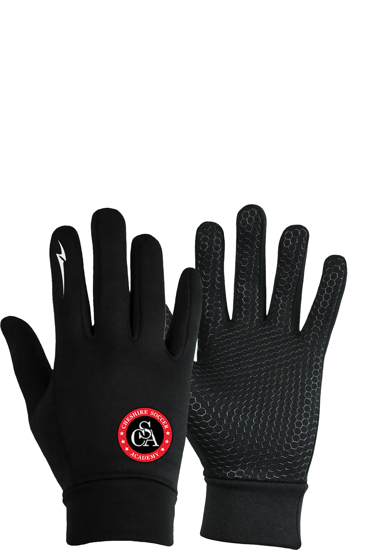 Black gloves with a red logo on a white background. Paper Street Print Co, Blairstown, NJ.