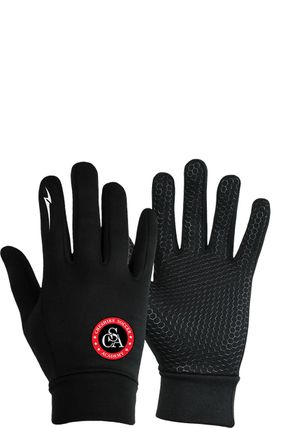 Black gloves with a red logo on a white background. Paper Street Print Co, Blairstown, NJ.