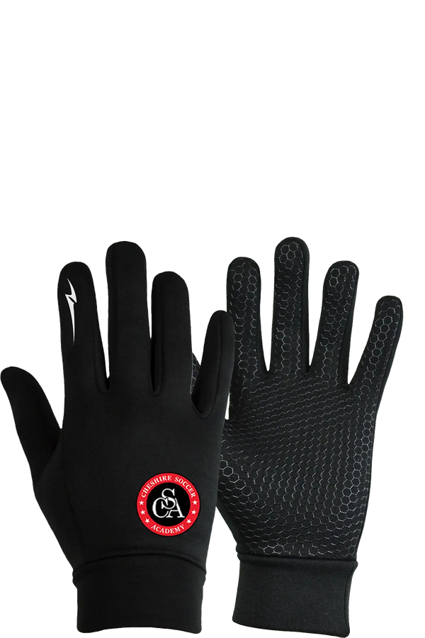 Black gloves with a red logo on a white background. Paper Street Print Co, Blairstown, NJ.