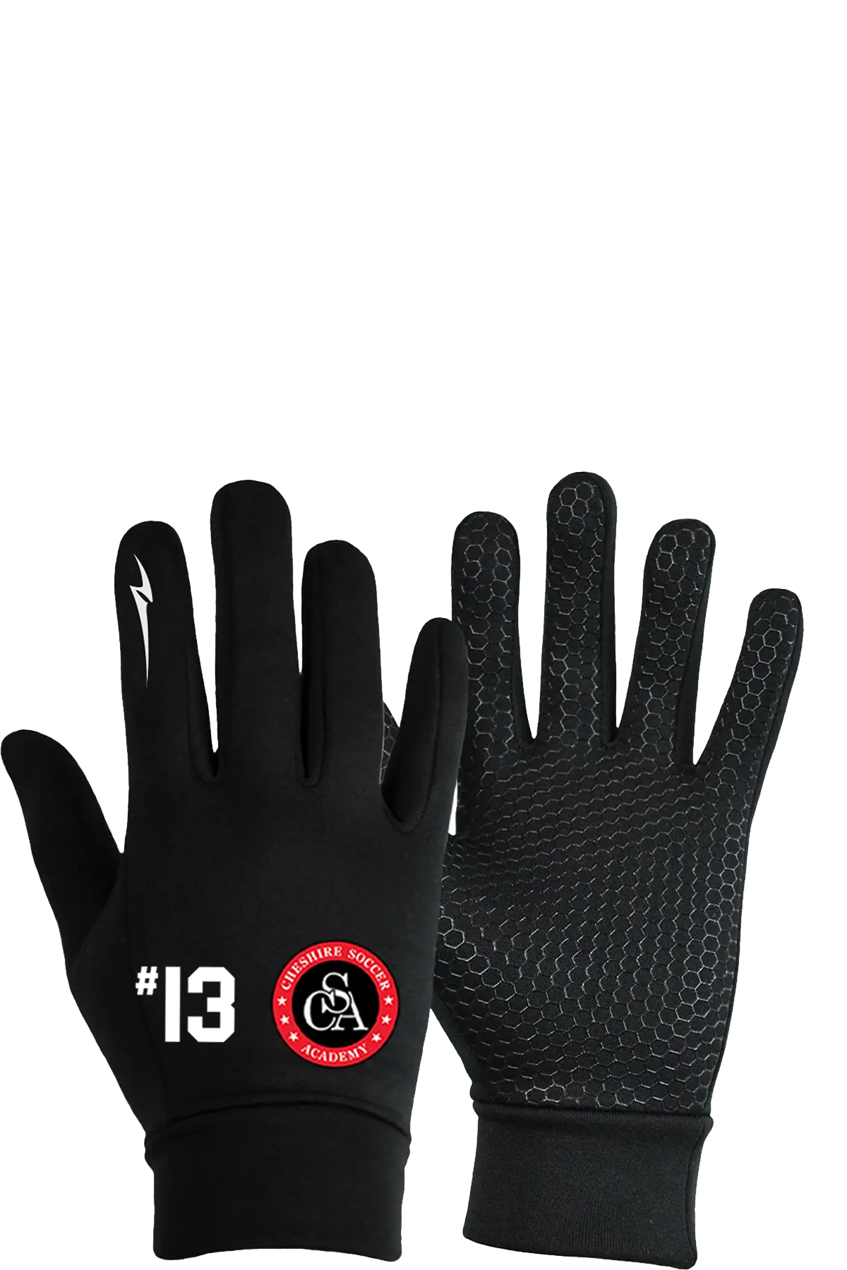 Black gloves with a red and white logo on a white background. Paper Street Print Co, Blairstown, NJ.