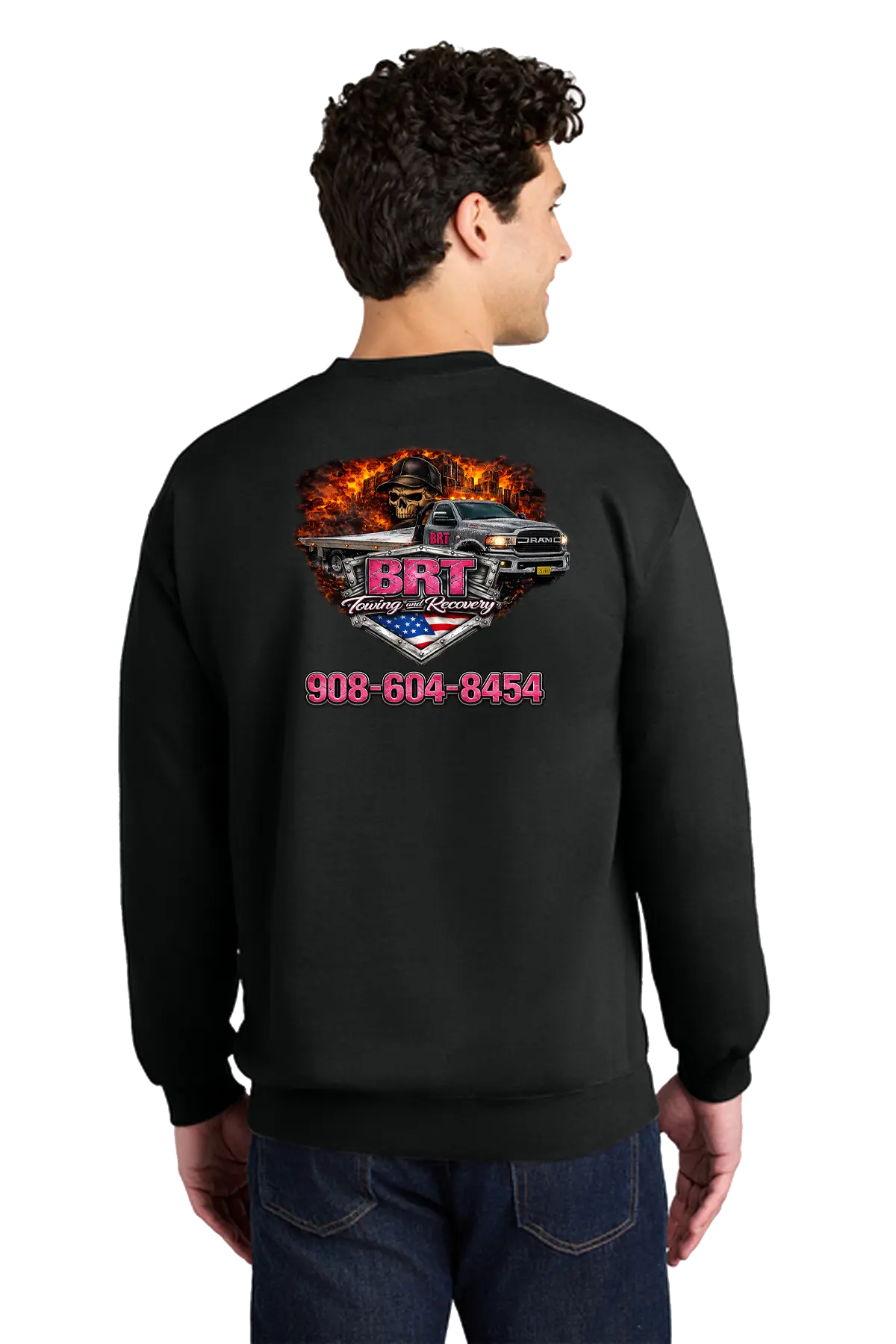 Person wearing a black sweatshirt with a graphic design on the back, featuring text and images. BRT Towing and Recovery, Paper Street Print Co, Blairstown, NJ.