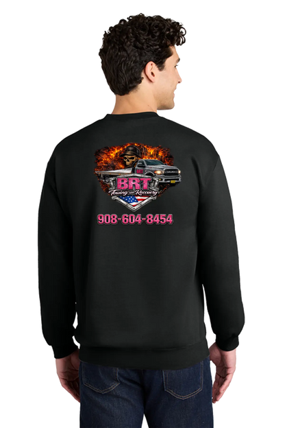 Person wearing a black sweatshirt with a graphic design on the back, featuring text and images. BRT Towing and Recovery, Paper Street Print Co, Blairstown, NJ.