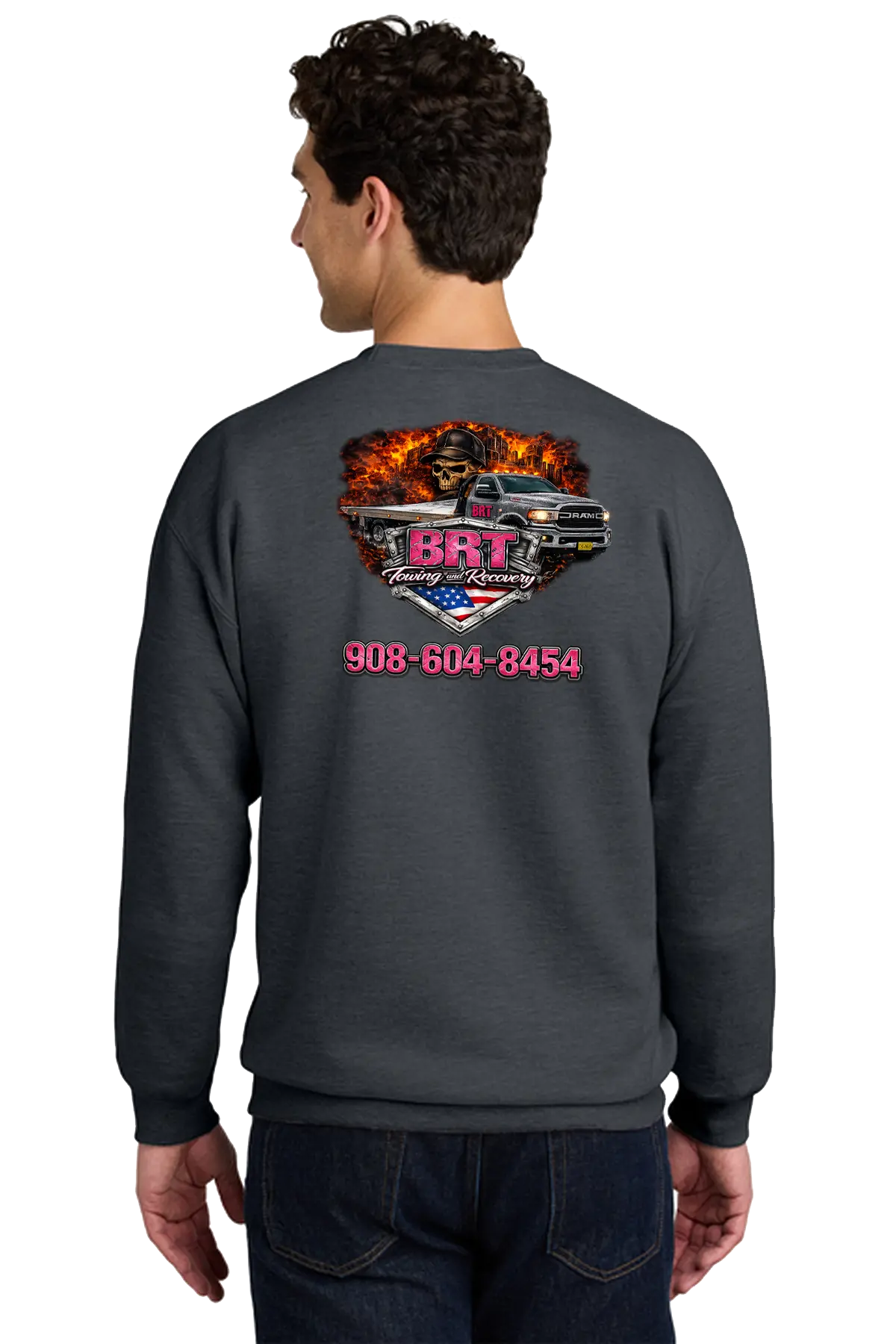 Person wearing a dark gray sweatshirt with a logo and text on the back, on a white background. BRT Towing and Recovery, Paper Street Print Co, Blairstown, NJ.