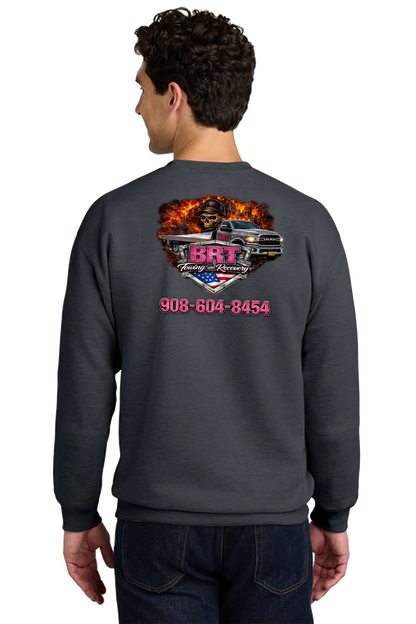 Person wearing a dark gray sweatshirt with a logo and text on the back, on a white background. BRT Towing and Recovery, Paper Street Print Co, Blairstown, NJ.
