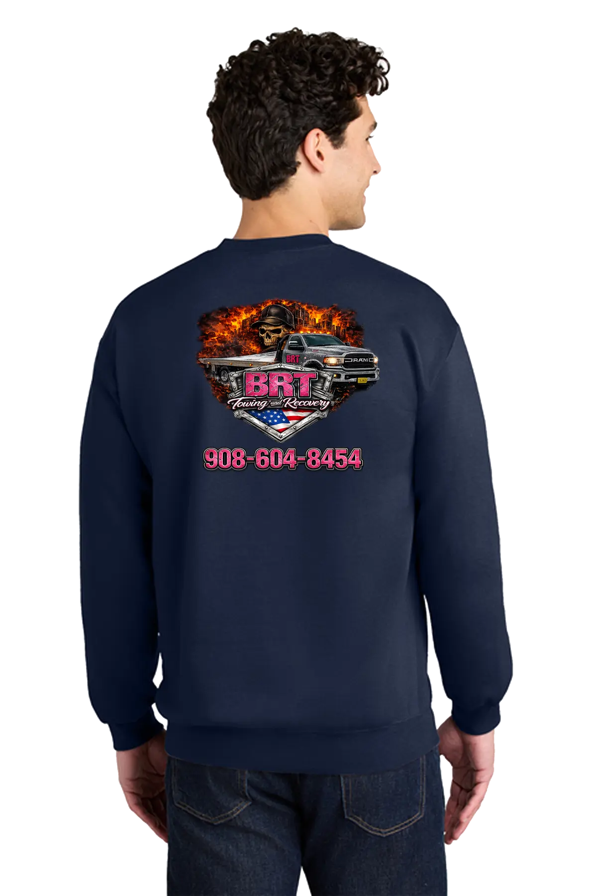 Person wearing a navy sweatshirt with a graphic design and contact information on the back, on a white background. BRT Towing and Recovery, Paper Street Print Co, Blairstown, NJ.