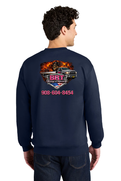 Person wearing a navy sweatshirt with a graphic design and contact information on the back, on a white background. BRT Towing and Recovery, Paper Street Print Co, Blairstown, NJ.