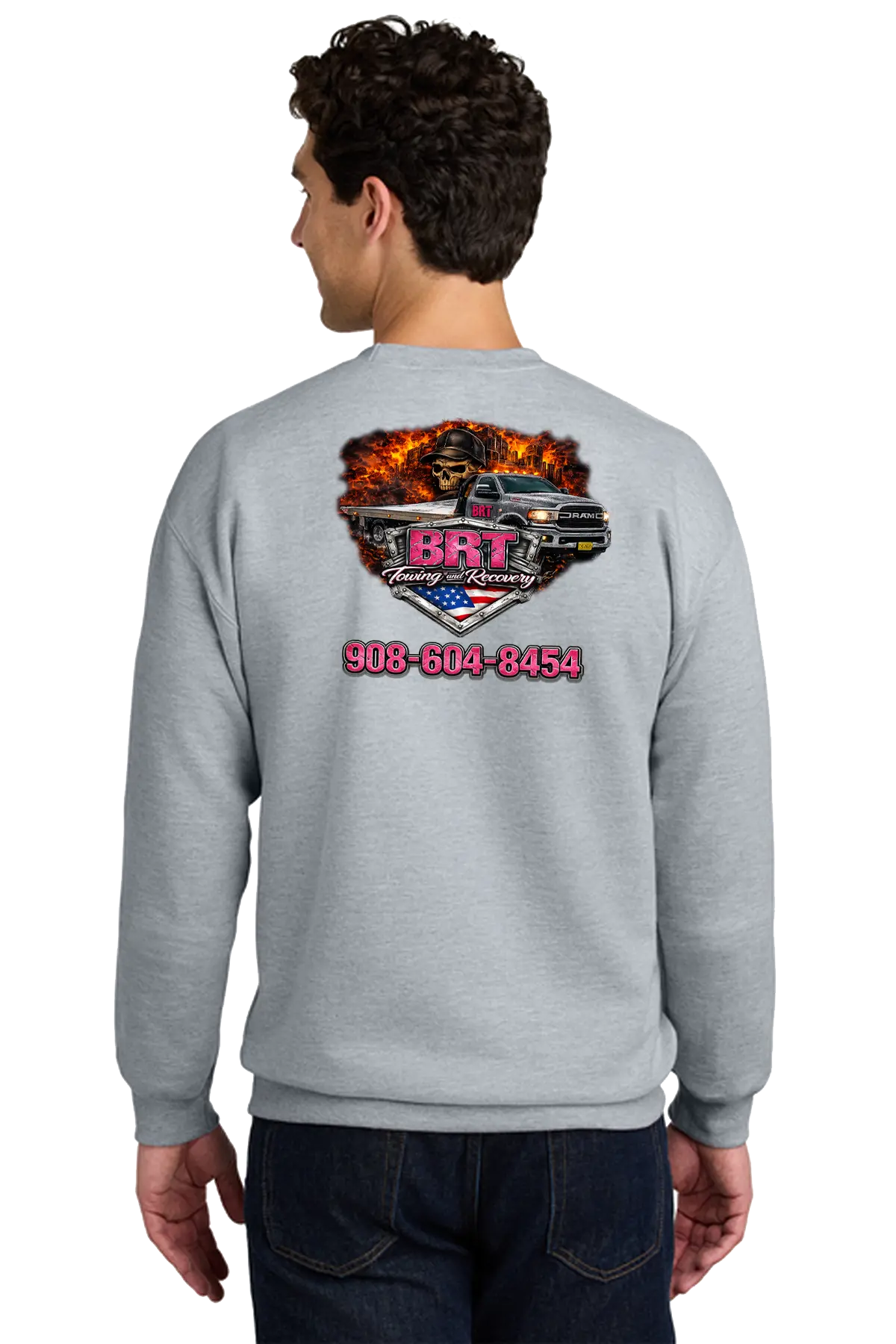 Person wearing a gray sweatshirt with a logo and text on the back. BRT Towing and Recovery, Paper Street Print Co, Blairstown, NJ.