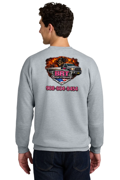 Person wearing a gray sweatshirt with a logo and text on the back. BRT Towing and Recovery, Paper Street Print Co, Blairstown, NJ.