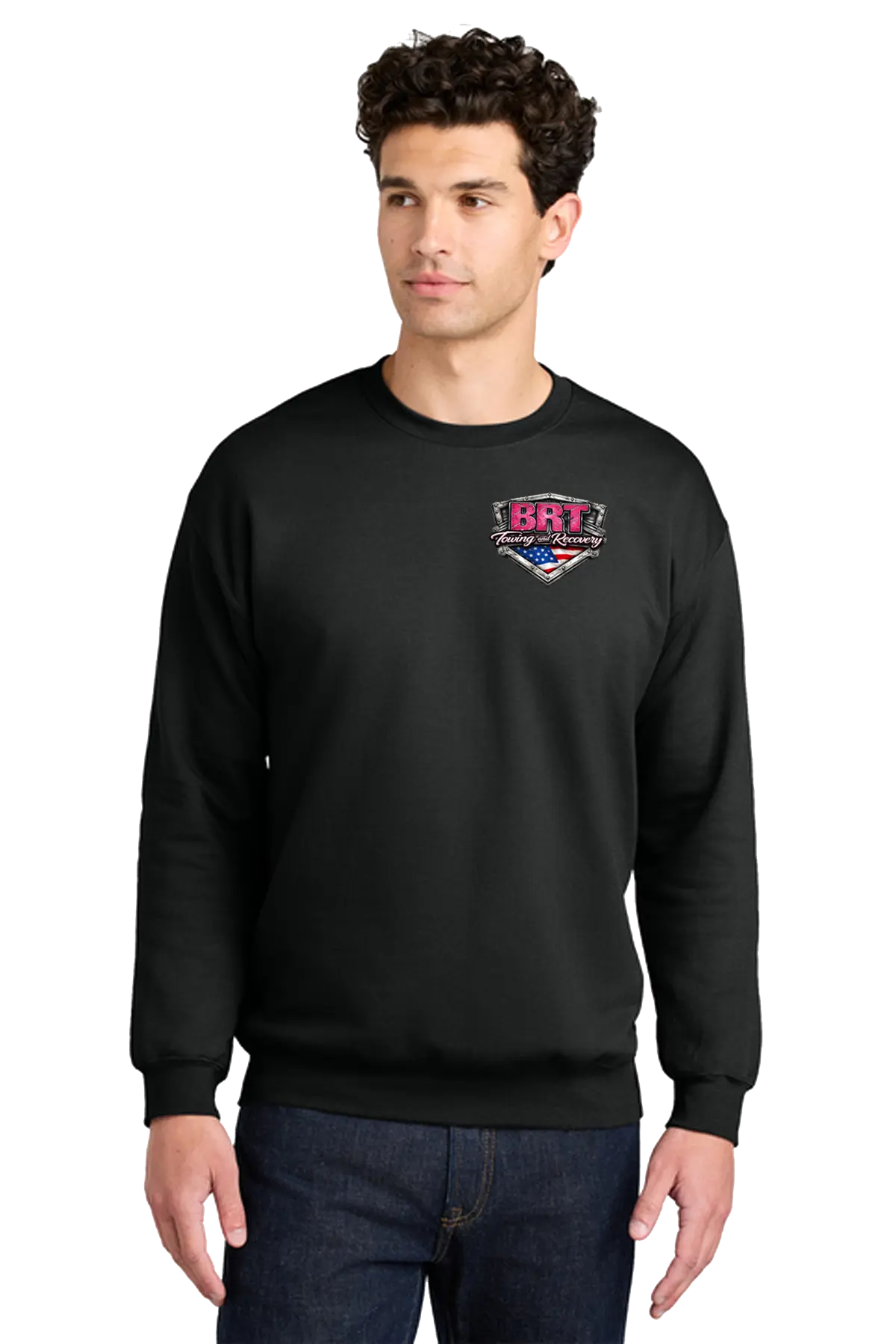 Man wearing a black sweatshirt with a logo on a white background. BRT Towing and Recovery, Paper Street Print Co, Blairstown, NJ.