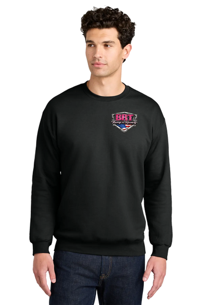 Man wearing a black sweatshirt with a logo on a white background. BRT Towing and Recovery, Paper Street Print Co, Blairstown, NJ.