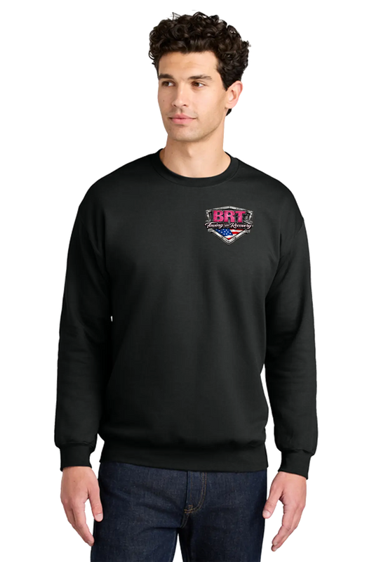 Man wearing a black sweatshirt with a logo on a white background. BRT Towing and Recovery, Paper Street Print Co, Blairstown, NJ.