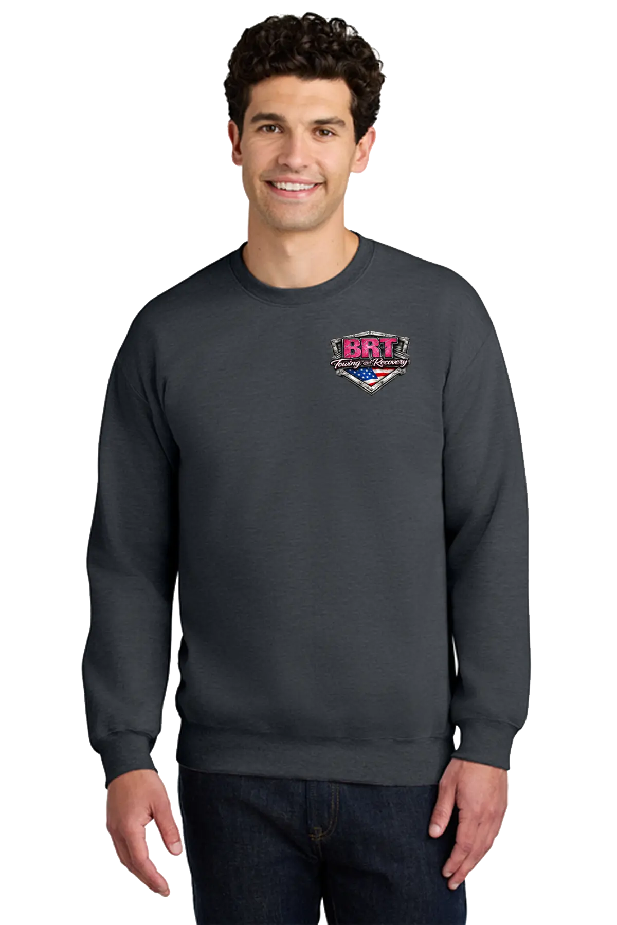 Man wearing a dark gray sweatshirt with a logo on a white background. BRT Towing and Recovery, Paper Street Print Co, Blairstown, NJ.