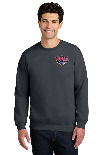 Man wearing a dark gray sweatshirt with a logo on a white background. BRT Towing and Recovery, Paper Street Print Co, Blairstown, NJ.