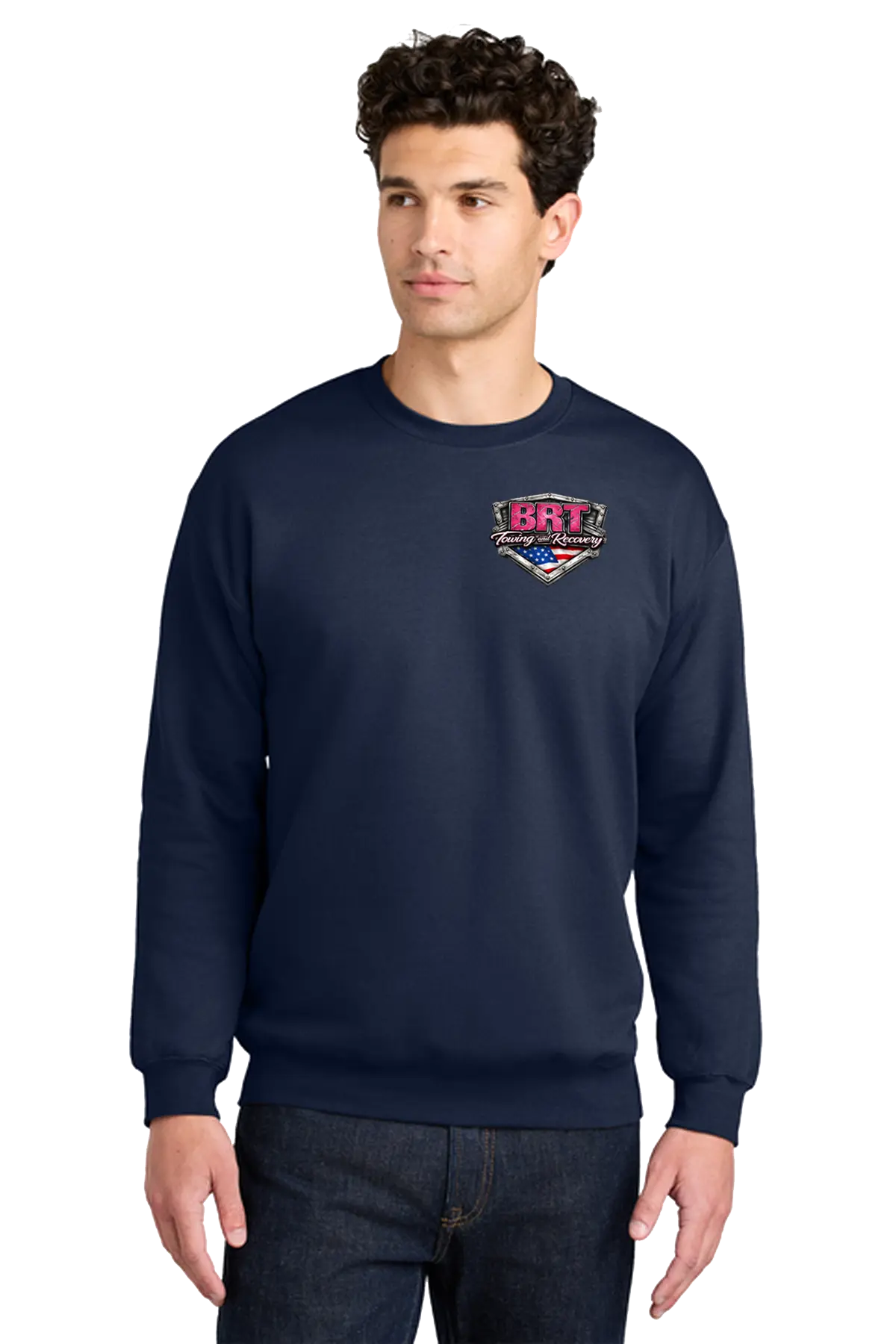Man wearing a navy blue sweatshirt with a logo on a white background. BRT Towing and Recovery, Paper Street Print Co, Blairstown, NJ.