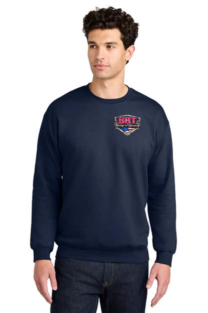 Man wearing a navy blue sweatshirt with a logo on a white background. BRT Towing and Recovery, Paper Street Print Co, Blairstown, NJ.