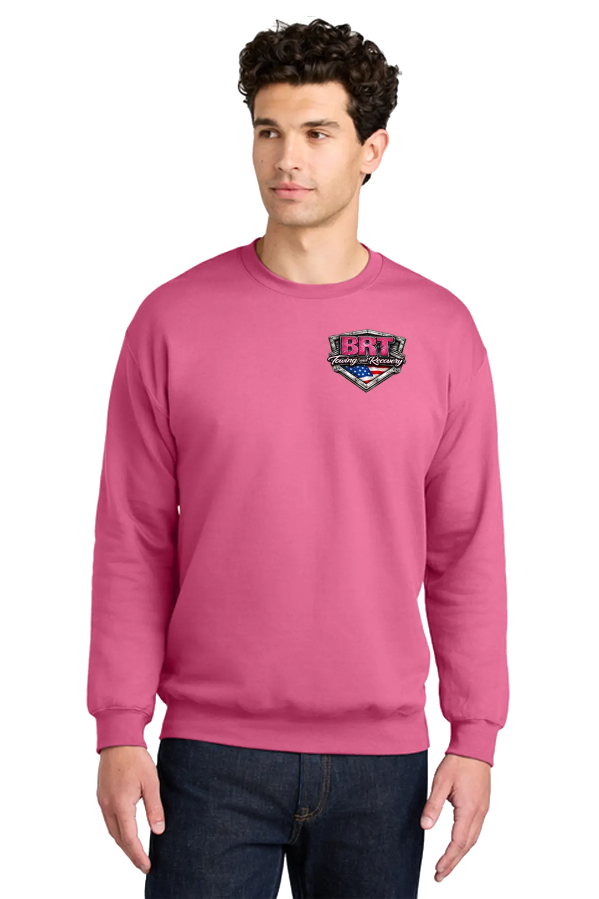 Man wearing a pink sweatshirt with a logo on a white background. BRT Towing and Recovery, Paper Street Print Co, Blairstown, NJ.