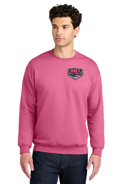 Man wearing a pink sweatshirt with a logo on a white background. BRT Towing and Recovery, Paper Street Print Co, Blairstown, NJ.