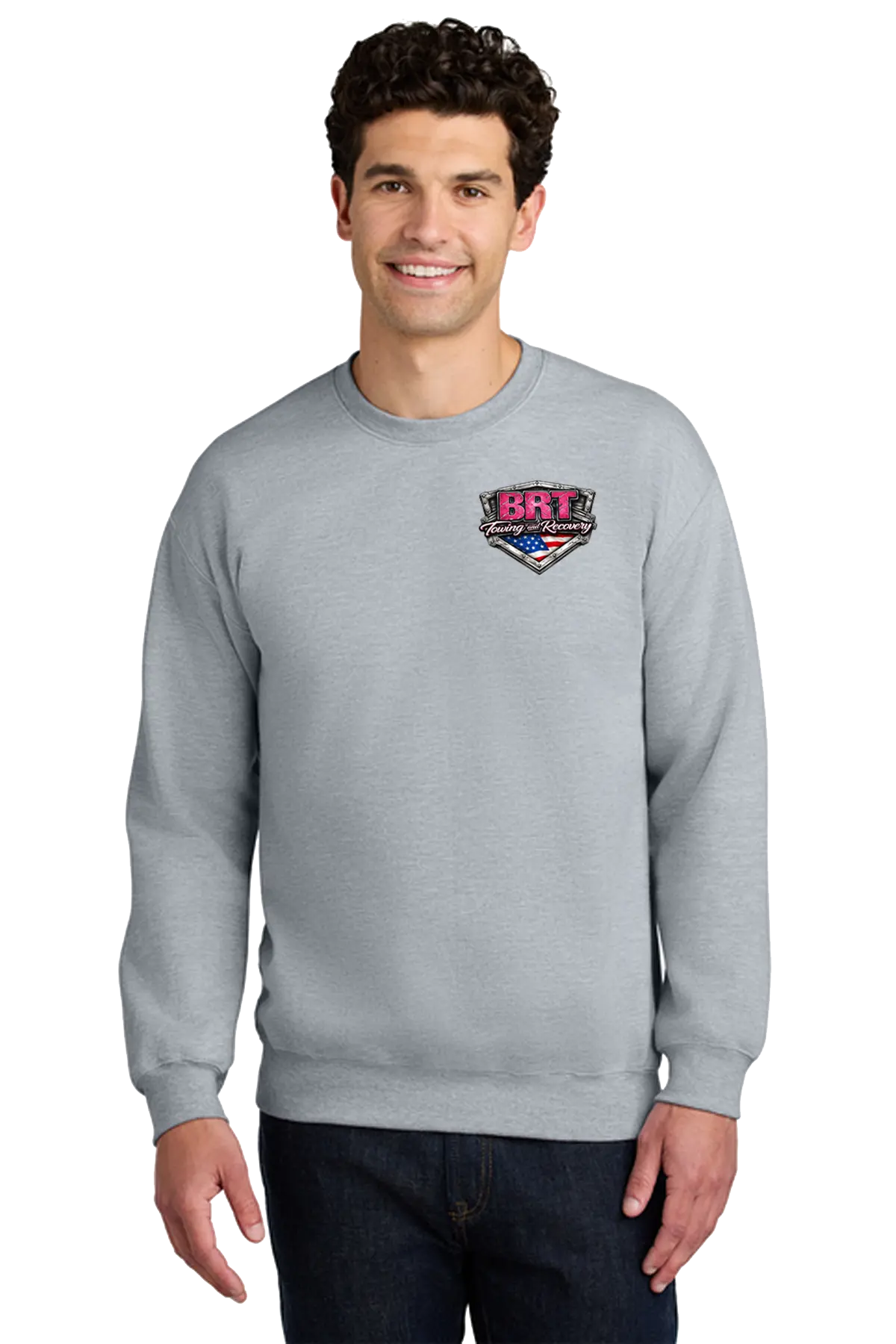 Man wearing a gray sweatshirt with a logo on a white background. BRT Towing and Recovery, Paper Street Print Co, Blairstown, NJ.
