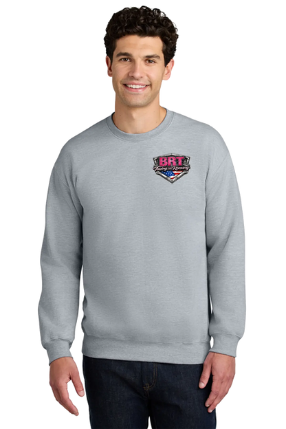 Man wearing a gray sweatshirt with a logo on a white background. BRT Towing and Recovery, Paper Street Print Co, Blairstown, NJ.