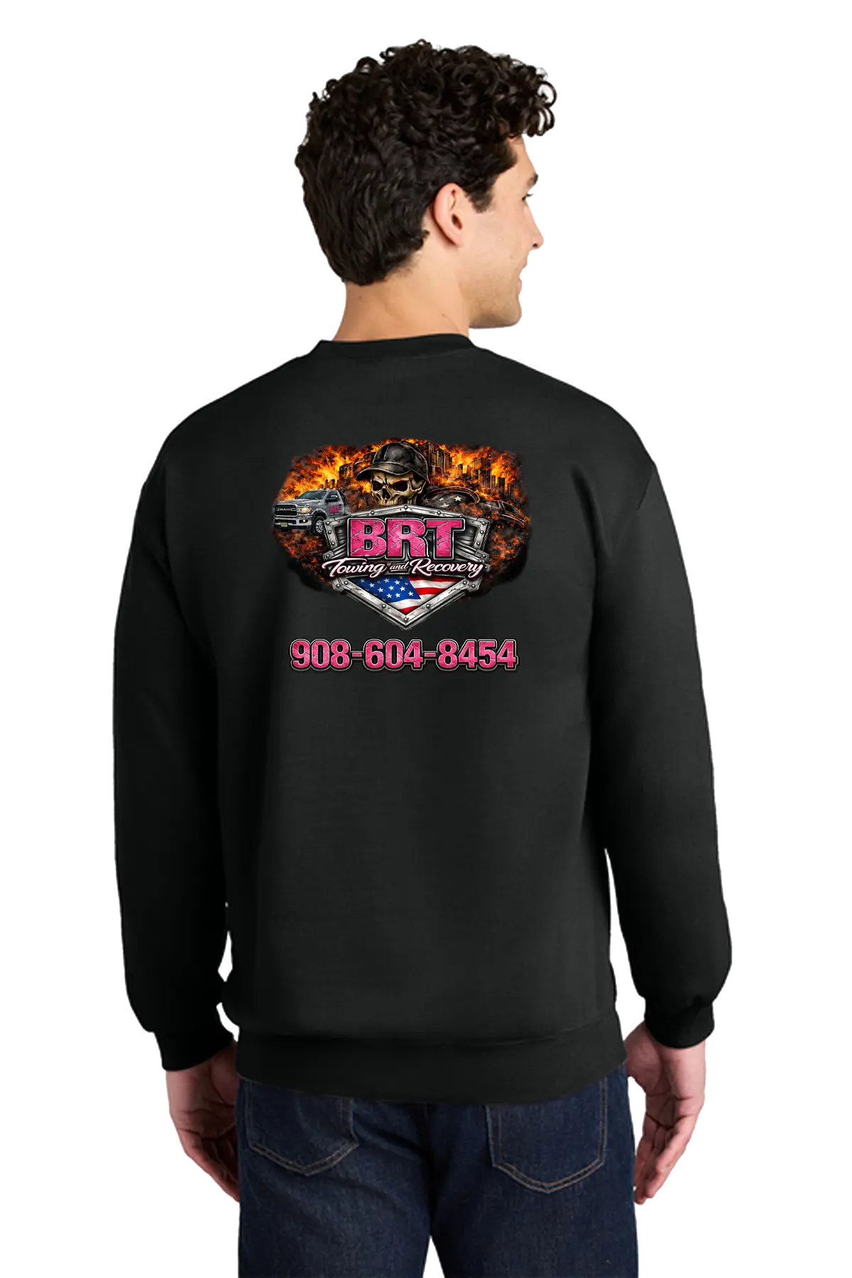 Person wearing a black sweatshirt with a graphic design on the back, featuring text and a logo. BRT Towing and Recovery, Paper Street Print Co, Blairstown, NJ.