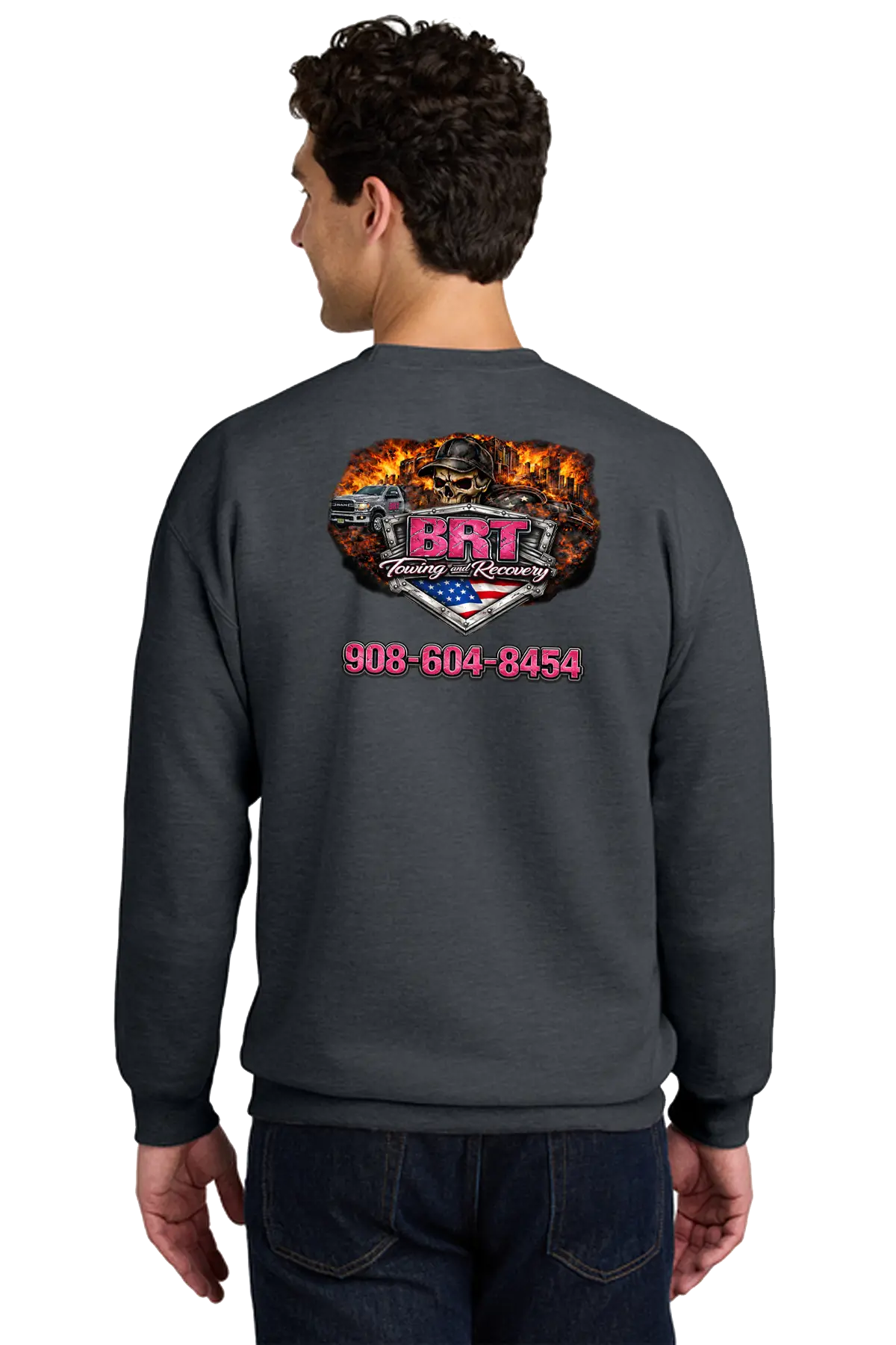 Person wearing a dark gray sweatshirt with a logo and text on the back, on a white background. BRT Towing and Recovery, Paper Street Print Co, Blairstown, NJ.