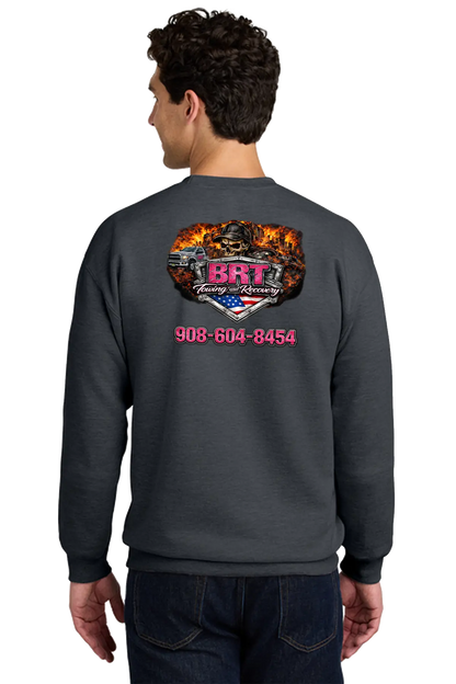 Person wearing a dark gray sweatshirt with a logo and text on the back, on a white background. BRT Towing and Recovery, Paper Street Print Co, Blairstown, NJ.