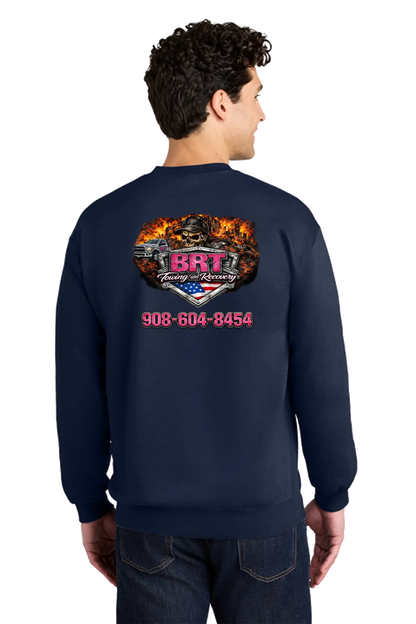 Person wearing a navy sweatshirt with a graphic design and text on the back, on a white background. BRT Towing and Recovery, Paper Street Print Co, Blairstown, NJ.