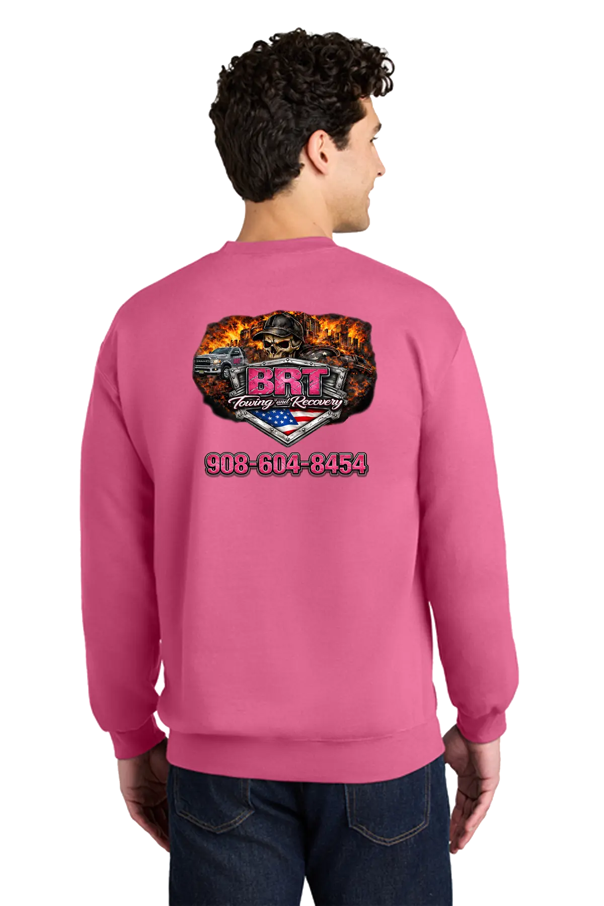 Person wearing a pink sweatshirt with a logo and text on the back, on a white background. BRT Towing and Recovery, Paper Street Print Co, Blairstown, NJ.